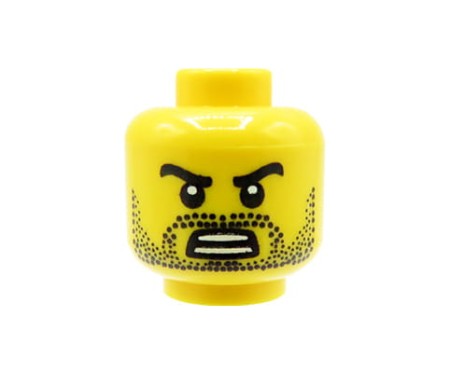 LEGO minifigure head - man, angry, open mouth, black eyebrows and beard stubble