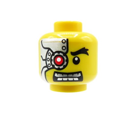 LEGO głowa / główka figurki - robot / kosmita / alien ze srebrnym mechanicznym okiem i zębami