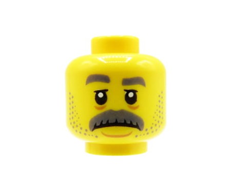LEGO minifigure head - man / grandpa, gray moustache, stubble and eyebrows