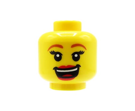 LEGO minifigure head - woman, open smile with teeth, red lips, long eyelashes