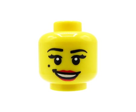 LEGO minifigure head - woman, open smile with teeth, red lips, beauty mark