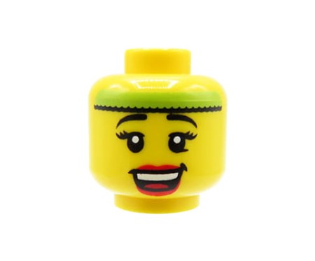 LEGO minifigure head - female, red lips, open smile with teeth, lime headband