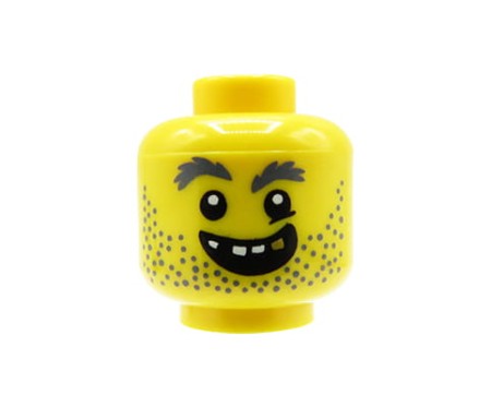 LEGO minifigure head - male, robber / thief, open grin, gold tooth, beard stubble, bushy eyebrows
