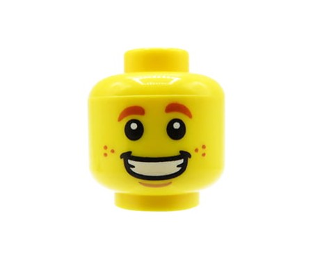 LEGO minifigure head - man, open smile, freckles, dark orange eyebrows