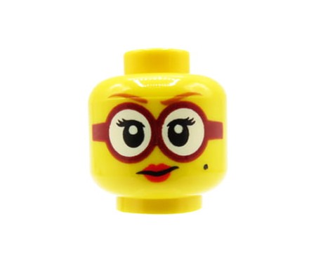 LEGO głowa / główka figurki - damska, okrągłe okulary w czerwonych oprawkach, czerwone usta, pieprzyk na policzku
