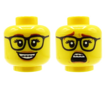 LEGO minifigure head - female, glasses, brown eyebrows, braces, dual sided (open smile / scared)