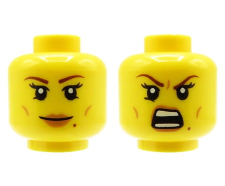 LEGO minifigure head - female, brown eyebrows, beauty mark, dual sided (smile / angry)