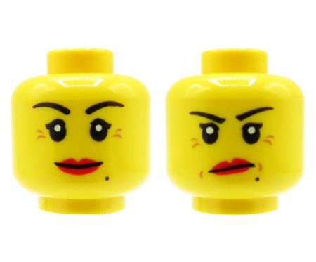 LEGO minifigure head - female, red lips, beauty mark, dual sided (smile / annoyed)
