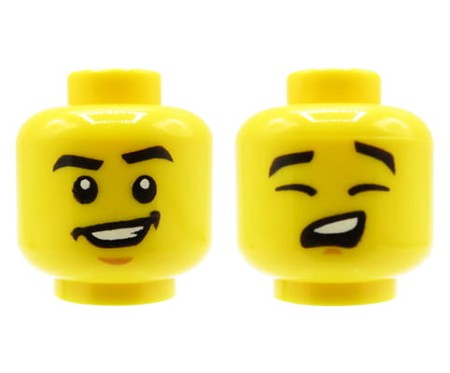 LEGO minifigure head - male, dual sided (open smile / grumble, closed eyes)