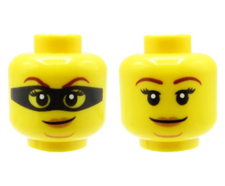 LEGO minifigure head - female, thief / robber, dual sided (smile / smirk, black mask)