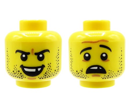 LEGO minifigure head - male, missing tooth, beard stubble, dual sided (smile / afraid)