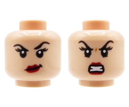 LEGO minifigure head - woman, light nougat, red lips, dual sided (smirk / angry)