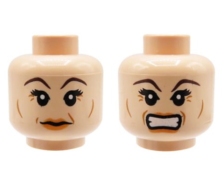 LEGO głowa / główka figurki - damska, cielista, zmarszczki, uniesione brwi, dwustronna (neutralna / wkurzona mina, zaciśnięte zęby)