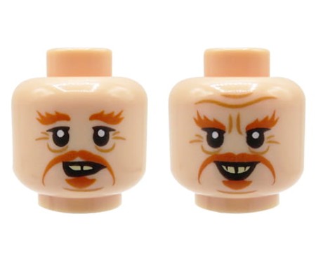 LEGO minifigure head - male, light nougat, orange moustache, eyebrows and goatee, yellowed teeth, dual sided