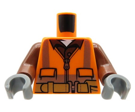LEGO minifigure torso - worker / orange safety vest with reflective stripes, reddish brown shirt, gloves