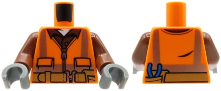 LEGO minifigure torso - worker / orange safety vest with reflective stripes, reddish brown shirt, gloves