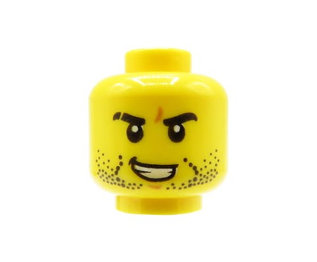 LEGO minifigure head - man, beard stubble, open smile, scar on right eyebrow