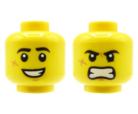 Głowa figurki LEGO w kolorze żółtym, dwustronna, męska, czarne brwi, blizna na policzku, rozzłoszczona mina / uśmiech z zębami.