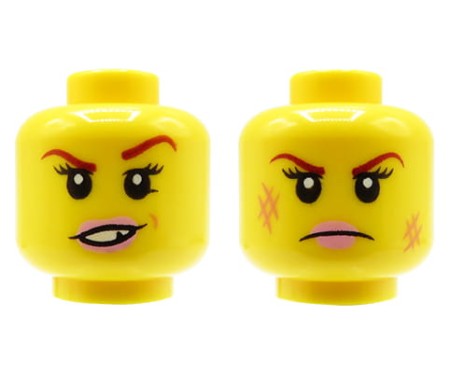 Głowa figurki LEGO w kolorze żółtym, dwustronna, damska, ciemnoczerwone brwi, rzęsy, różowe usta, uniesiona brew, uśmieszek, wyszczerbiony ząb / grymas na twarzy, zadrapania.