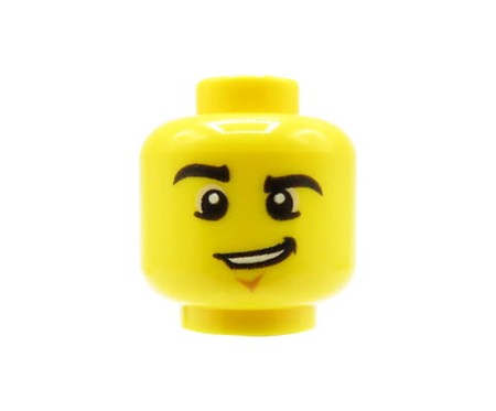 Głowa figurki LEGO w kolorze żółtym, męska, czarne brwi, wgłębienie pod brodą, przekrzywiony uśmiech.