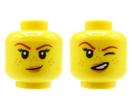 LEGO minifigure head - woman, freckles, dual sided (small smirk / left eye squinted).
