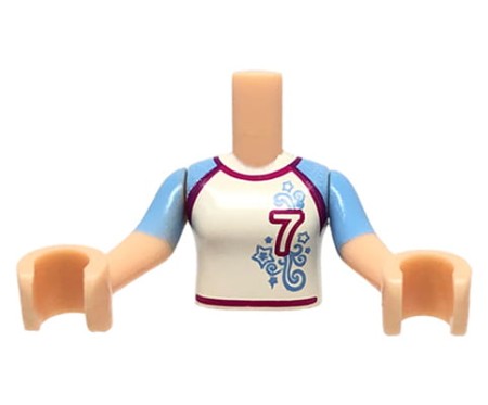 LEGO Friends minifig torso - white sports t-shirt with blue sleeves, light nougat arms
