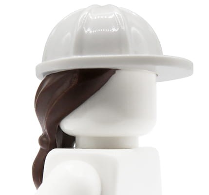 LEGO white construction helmet with dark brown female hair (ponytail)