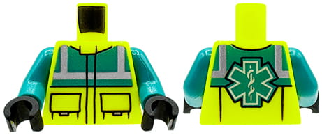 Tors / brzuch ludzika LEGO ratownik medyczny / sanitariusz - zielona jaskrawa kurtka z logiem ratownictwa medycznego na plecach