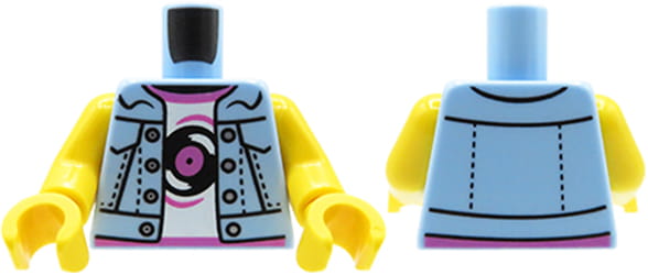 LEGO minifigure torso - female, denim vest, white shirt with record print.