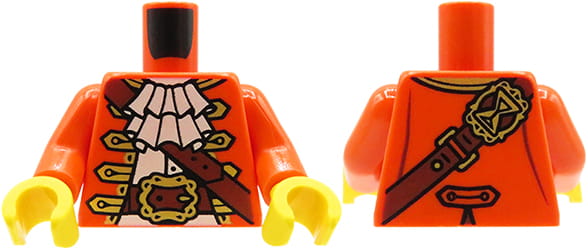 LEGO figure torso - pirate, reddish orange coat / jacket, white shirt with neck ruffle, reddish brown strap