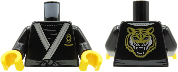 Torse pour figurine LEGO : kimono noir / robe ninja avec tête de tigre dorée au dos