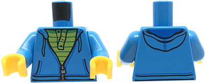 LEGO minifig torso - dark azure hoodie with zipper, green striped shirt.